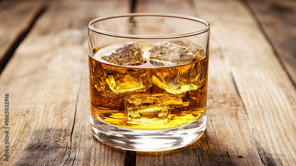 Glass of whiskey with ice cubes on wooden table. Glass of whiskey with ice cubes on wooden table.