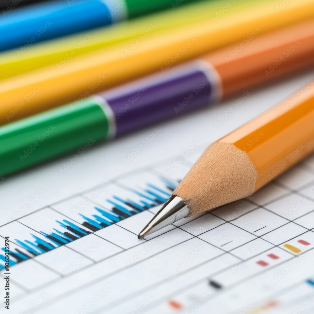 A close-up of colored pens and a pencil on a printed graph sheet. A close-up of colored pens and a pencil on a printed graph sheet.