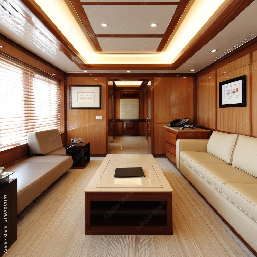 Elegant interior of a modern office space with wooden accents and seating. Elegant interior of a modern office space with wooden accents and seating.