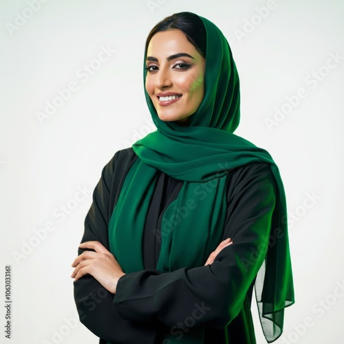 a close-up of a smiling Saudi Arabian Gulf woman wearing the hijab looking somewhere with gestures of self-confidence and joy, the concept of femininity and softness among Saudi women