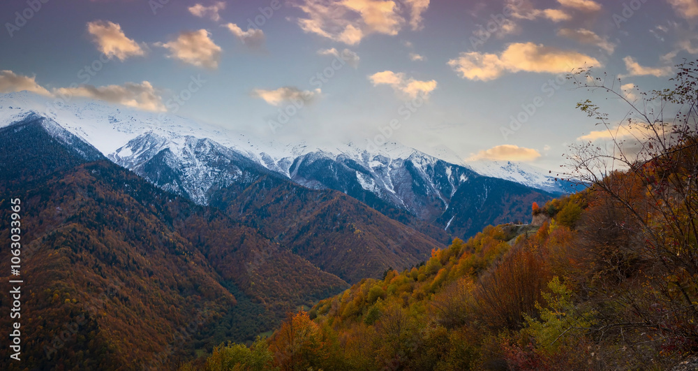 The sunset view mount of Mestia mountain with Autumn scene in Georgia The sunset view mount of Mestia mountain with Autumn scene in Georgia