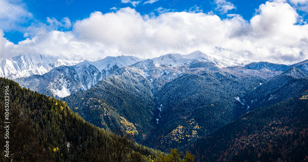 The Mestia mountain with snow peak at Autumn scene in Georgia The Mestia mountain with snow peak at Autumn scene in Georgia