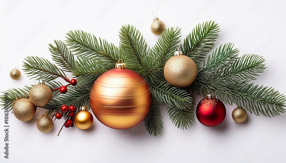 Christmas decorations with tree branches and baubles isolated on white background Christmas decorations with tree branches and baubles isolated on white background