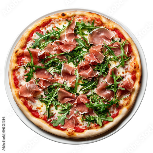 Prosciutto and Arugula Pizza: A mouthwatering pizza with thin crust, a layer of melted cheese, topped with slices of prosciutto and fresh arugula, ready to tantalize your taste buds.  