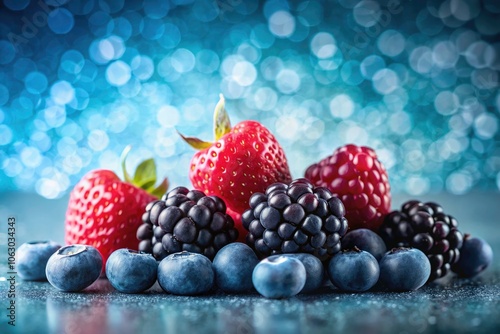 Fresh Berries Silhouette Against Soft Blue Background - Raspberries, Blackberries, and Blueberries Showcasing Vibrant Colors and Textures for Culinary and Healthy Living Illustrations