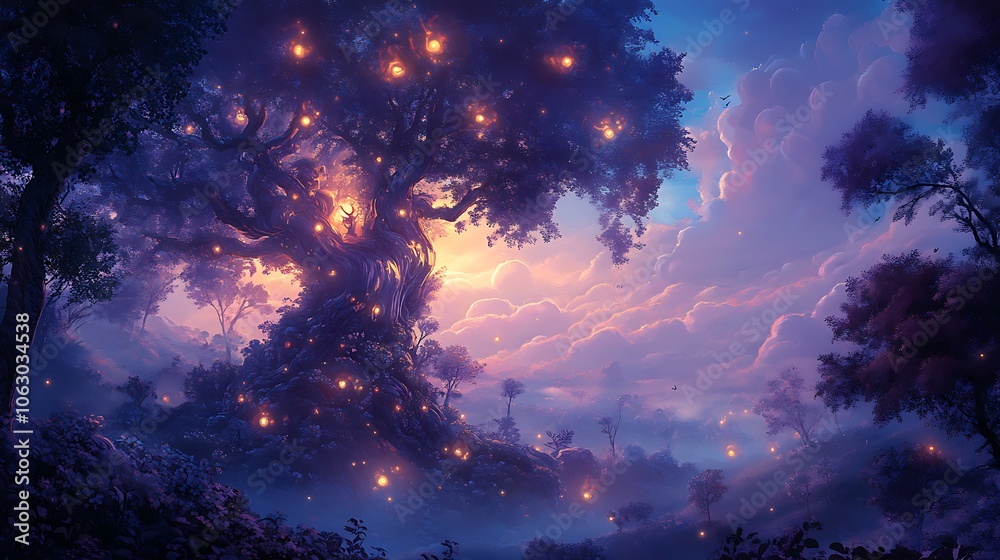 Fototapeta premium A magical forest at dusk with a large tree in the foreground, its branches and trunk glowing with warm light.