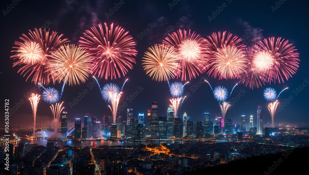 Obraz premium Spectacular Fireworks Display Over City Skyline At Night