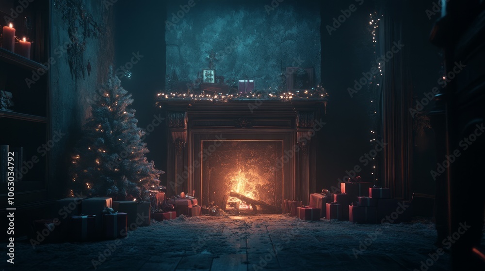 Fototapeta premium Christmas tree and decorations, gift packages and Christmas ornaments in the room.