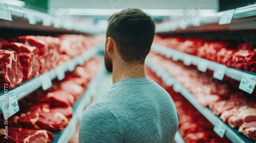 Shopper carefully examining various meat cuts and options in the supermarket s meat section while planning a delicious and nourishing family dinner photo