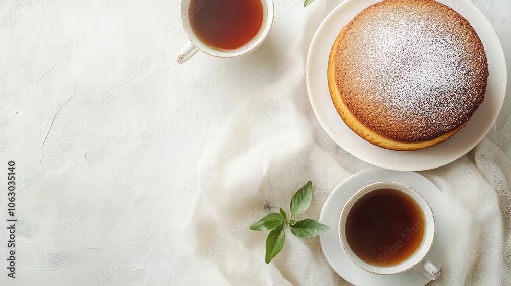 A whole cake with powdered sugar and a cup of tea. A whole cake with powdered sugar and a cup of tea.