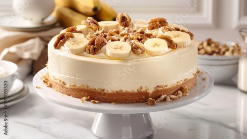 Large, round banana cake with cream cheese frosting, topped with sliced bananas and walnuts on the bottom layer of the cake.