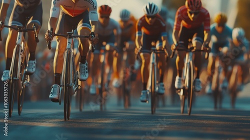 peloton of bicycle riders in a race in motion