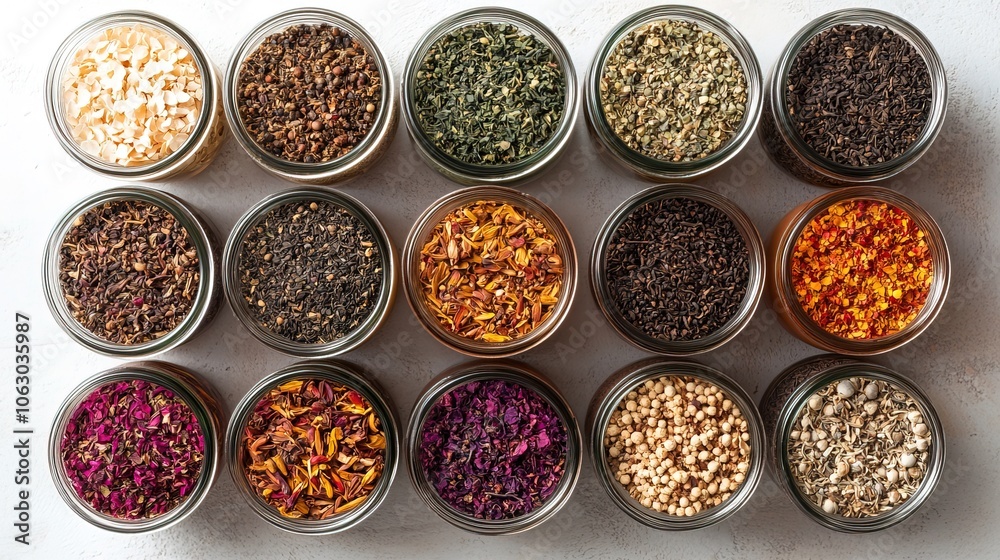 A diverse selection of loose leaf teas top view A diverse selection of loose leaf teas top view