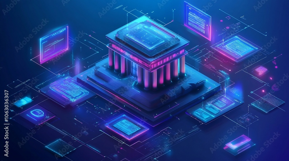 Futuristic digital bank building glowing in neon blue, symbolizing cybersecurity and finance with high-tech connections and virtual architecture elements Futuristic digital bank building glowing in neon blue, symbolizing cybersecurity and finance with high-tech connections and virtual architecture elements