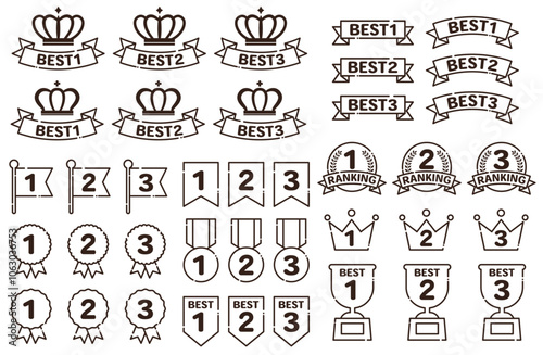 ランキングアイコン（シンプル線画のみ）トロフィー リボン メダル 表彰式