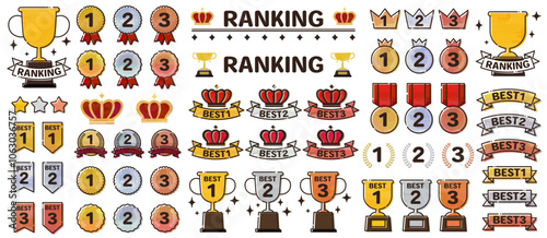 ランキングアイコン（水彩風・アナログ風・手描き風・手書き風）トロフィー リボン メダル 表彰式