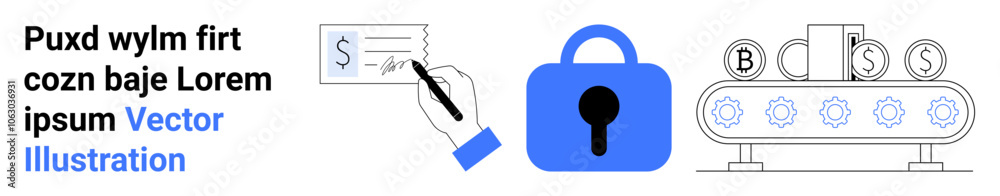 Hand writing check, blue padlock, automated processing machine with currency symbols highlighting security. Ideal for fintech, digital payments, cybersecurity, automation, e-commerce, tech blogs Hand writing check, blue padlock, automated processing machine with currency symbols highlighting security. Ideal for fintech, digital payments, cybersecurity, automation, e-commerce, tech blogs