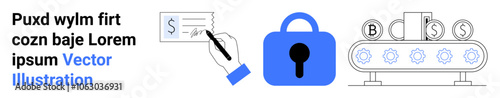 Hand writing check, blue padlock, automated processing machine with currency symbols highlighting security. Ideal for fintech, digital payments, cybersecurity, automation, e-commerce, tech blogs