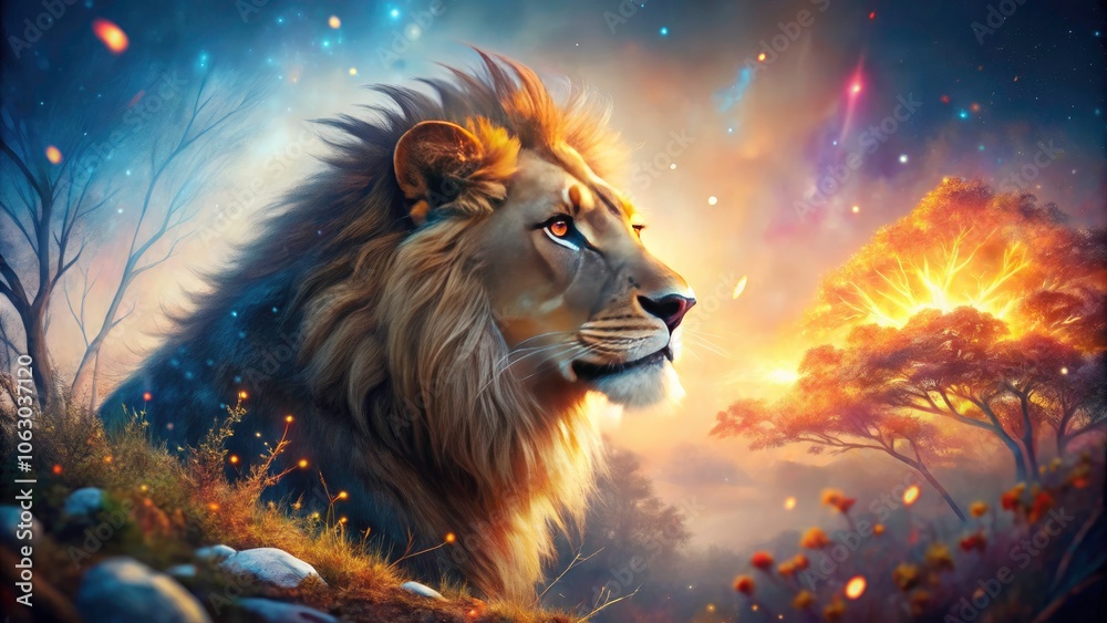 Naklejka premium Majestic Digital Lion Profile with Glowing Abstract Elements in a Vibrant Landscape, Capturing the Essence of Nature's Beauty and Artistic Imagination in a Stunning Visual Experience