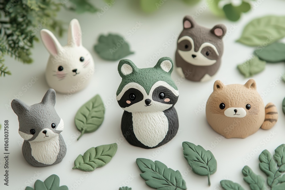 Naklejka premium Cute animal figurines arranged among green leaves on a white surface, showcasing playful designs for decor or gifts