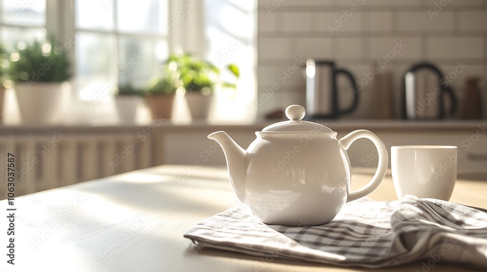 A white teapot and mug on a gingham tablecloth, with a bright window in the background. A white teapot and mug on a gingham tablecloth, with a bright window in the background.