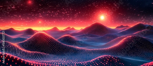 A vibrant digital landscape with rolling hills and a glowing sunset.