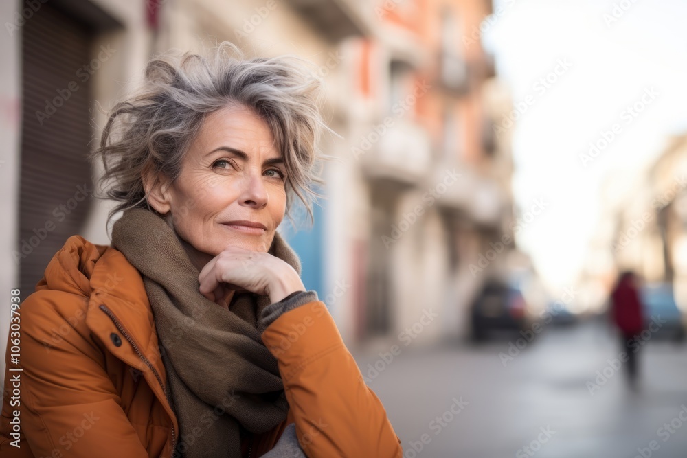 Portrait of a beautiful mature woman with short grey hair in the city Portrait of a beautiful mature woman with short grey hair in the city