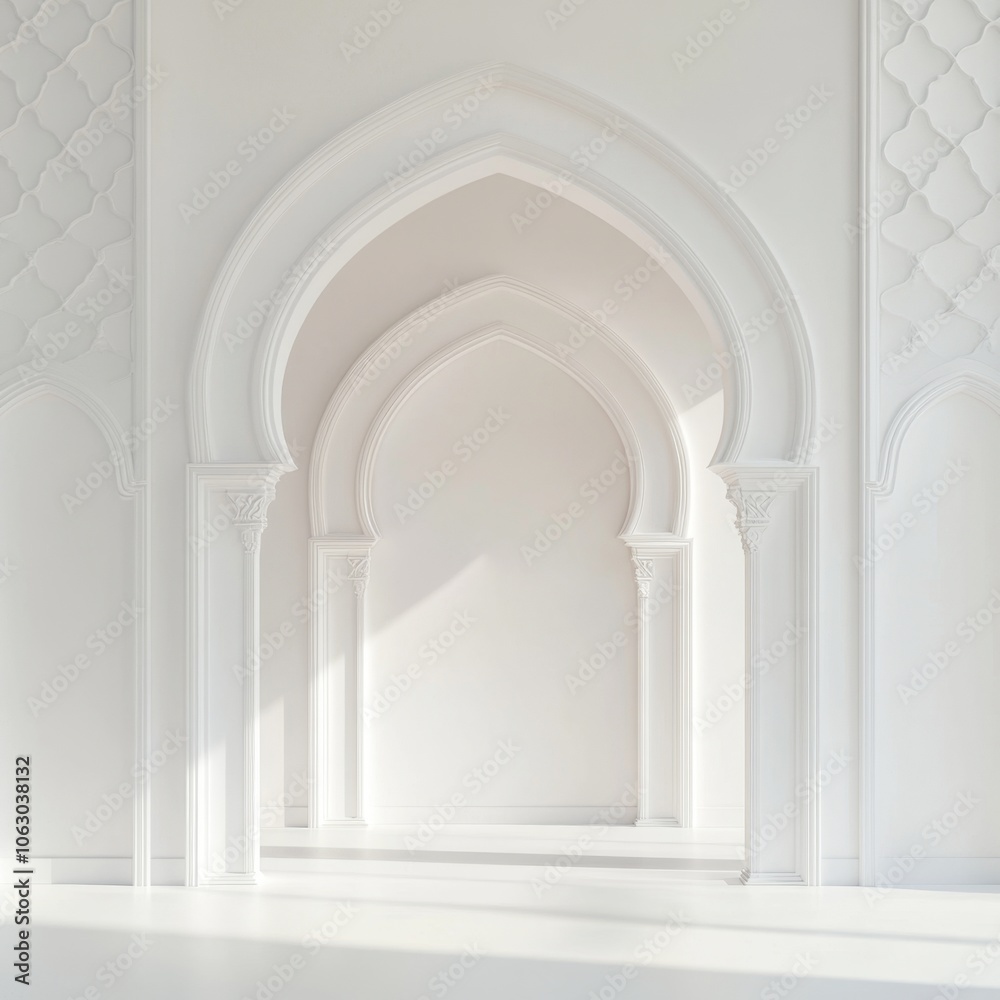 White archway with intricate details in a minimalist setting. White archway with intricate details in a minimalist setting.
