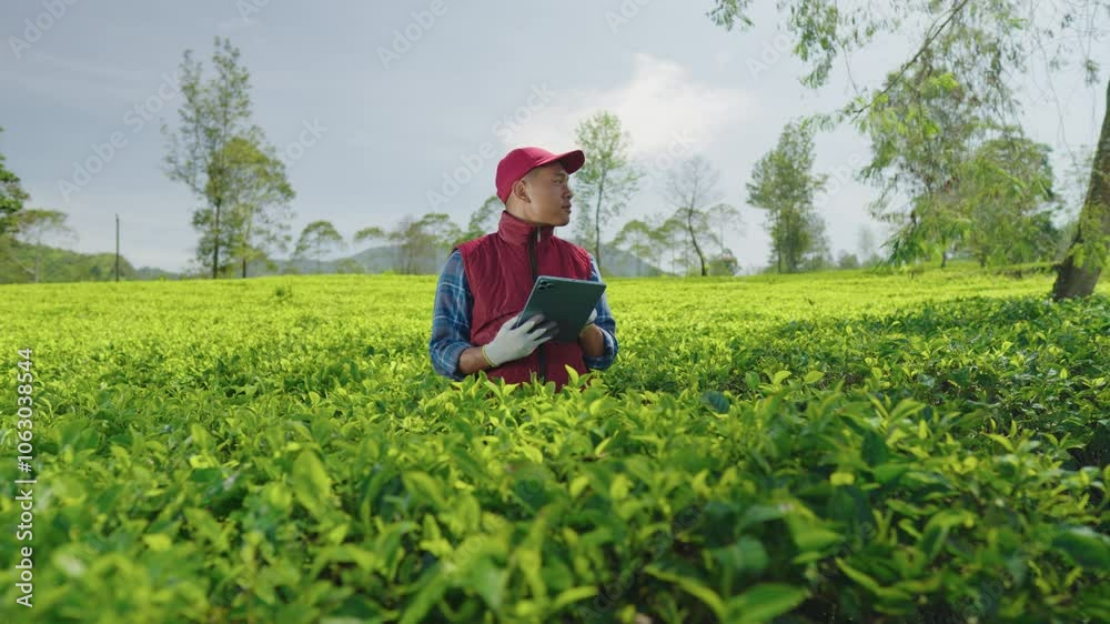 A Male Farmer Stands in the Tea Field, Using a Tablet to Observe and Record Data on Tea Plants Ready for Harvest. Emphasizing Technology in Smart Farming. A Male Farmer Stands in the Tea Field, Using a Tablet to Observe and Record Data on Tea Plants Ready for Harvest. Emphasizing Technology in Smart Farming.