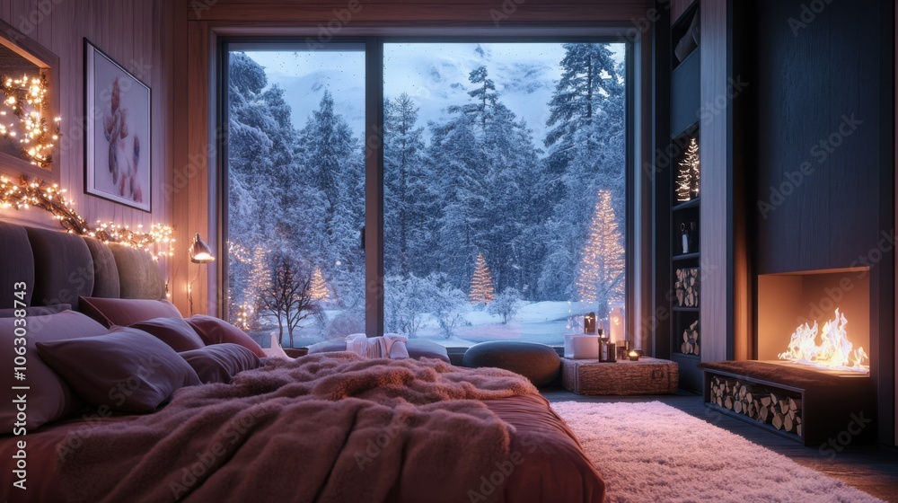 A beautifully designed cabin bedroom with large windows
