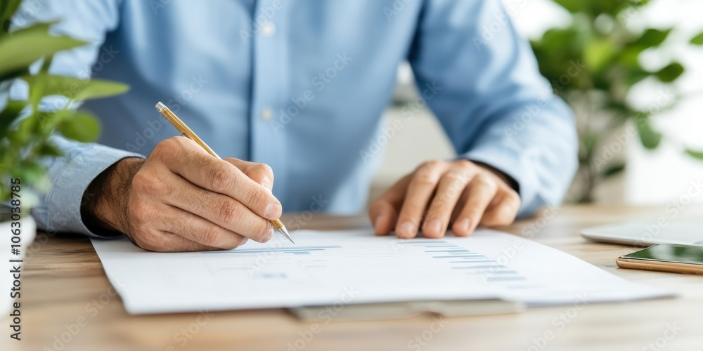 Man writing on paper with plants in a modern office environment. Man writing on paper with plants in a modern office environment.