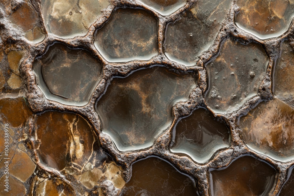 Fototapeta premium A close-up view of a hexagonal pattern on a stone surface, showcasing a blend of earthy hues with intricate details and textures, representing natural formations.