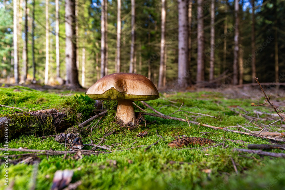 A porcini mushroom growing on green moss in an autumn forest.