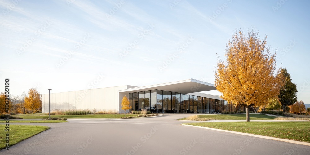 Modern building with glass facade surrounded by autumn trees and blue sky. Modern building with glass facade surrounded by autumn trees and blue sky.