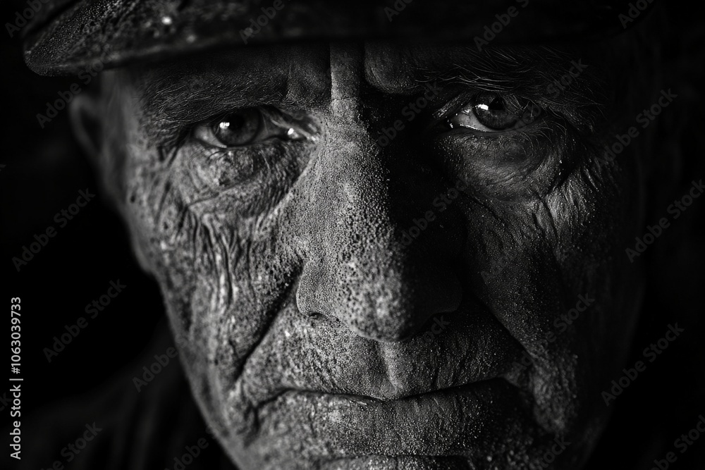 A black and white close-up portrait capturing the intricate details and expressions of an elderly man's face, highlighting wrinkles and a sense of life's journey. A black and white close-up portrait capturing the intricate details and expressions of an elderly man's face, highlighting wrinkles and a sense of life's journey.