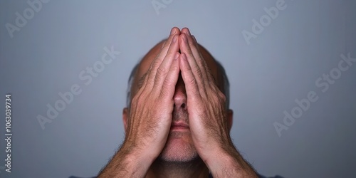 Person expressing stress with hands covering face against a neutral background. photo