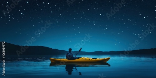 Person kayaking under a starry night sky on a peaceful lake.