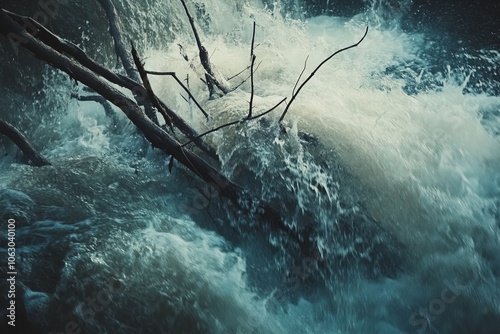 A photograph capturing the intense motion of a waterfall as water cascades over rocks and branches, showcasing the power of nature with vivid clarity.