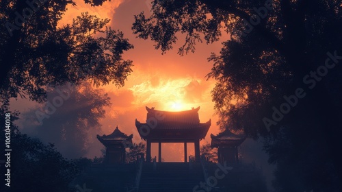 A breathtaking sunset view behind a serene temple,