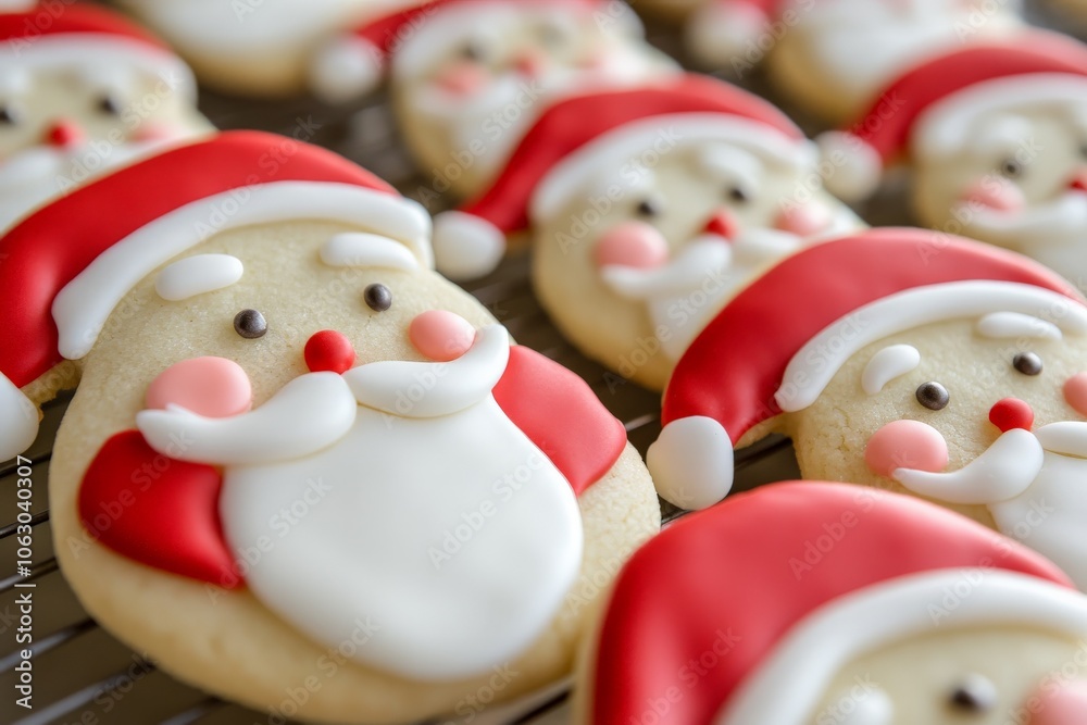 Fototapeta premium A batch of artistically decorated Christmas cookies featuring Santa Claus designs are neatly arranged on a cooling rack, showcasing festive and joyful holiday spirit.