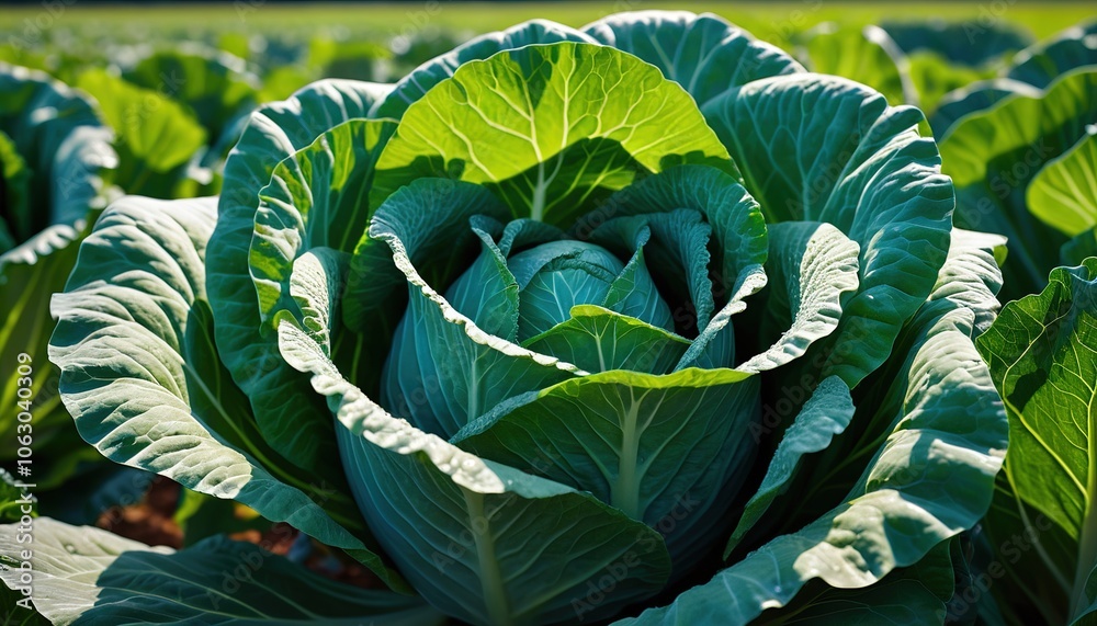 Obraz premium lush green cabbage, its vibrant leaves a deep emerald hue, stands proudly in a sun-kissed field