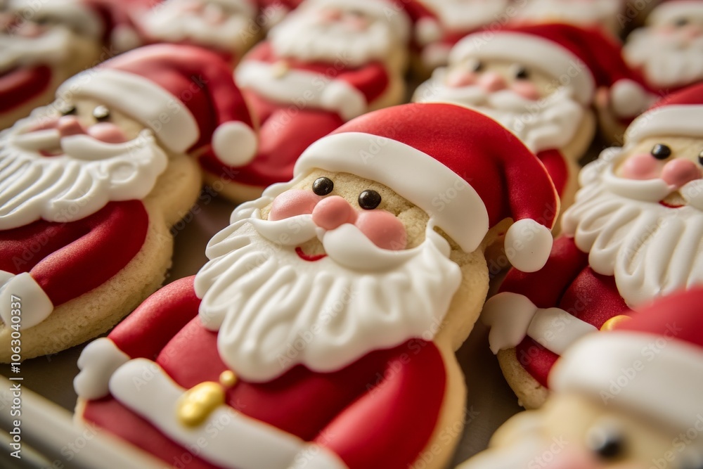 Obraz premium A delightful array of Christmas cookies featuring Santa Claus with detailed red and white icing decorations, artfully capturing the spirit of the holiday season.