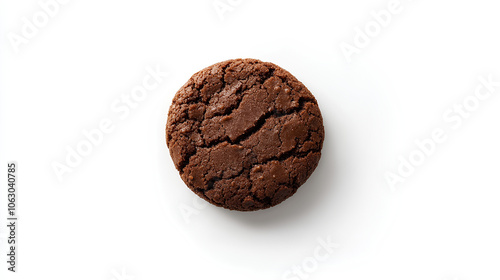 Top view of a single chocolate cookie with crisp texture, isolated on a clean white background.