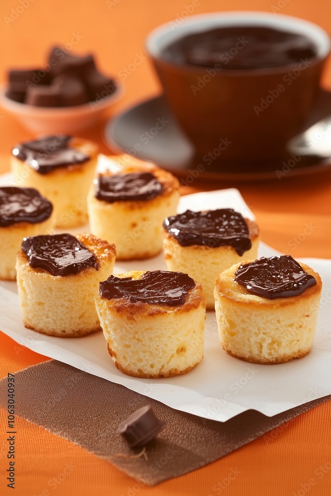 Delicious mini cheesecakes topped with chocolate sauce on a festive orange table setting
