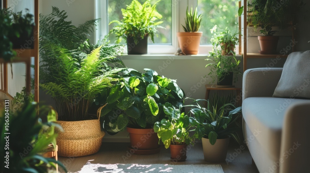 A bright room featuring an assortment of thriving potted plants, A bright room featuring an assortment of thriving potted plants,