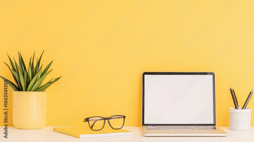 Create an inspiring and productive workspace with a minimalist yellow desk setup featuring a laptop plants and stationery Create an inspiring and productive workspace with a minimalist yellow desk setup featuring a laptop plants and stationery