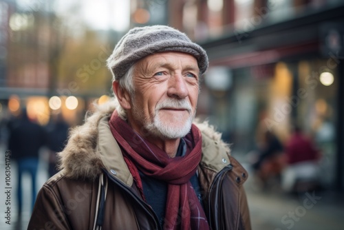 Portrait of a senior man in a hat and scarf on the street