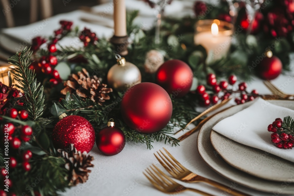 The image captures a decorative table setting featuring red baubles, pine branches, and cranberry accents, symbolizing warmth and holiday joy in a modern style.