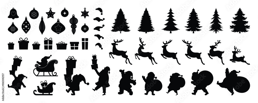 Naklejka premium Set of silhouette Christmas element vector. Decorative elements of tree, bauble, santa, reindeer, gift, sleigh, snowflake. Design for sticker, holidays, Happy New year, season's greetings card.