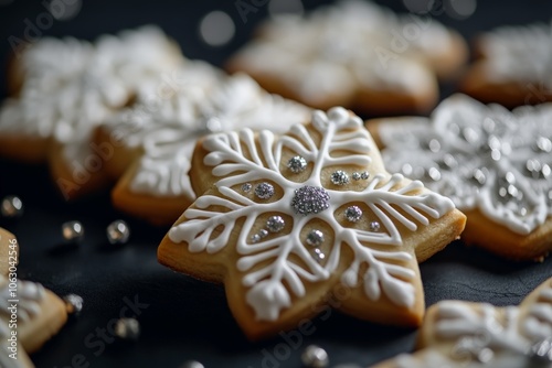 Star-shaped cookies are adorned with shiny white sugar decor, showcasing intricate designs and festive elegance, ideal for holiday celebrations and gatherings. photo